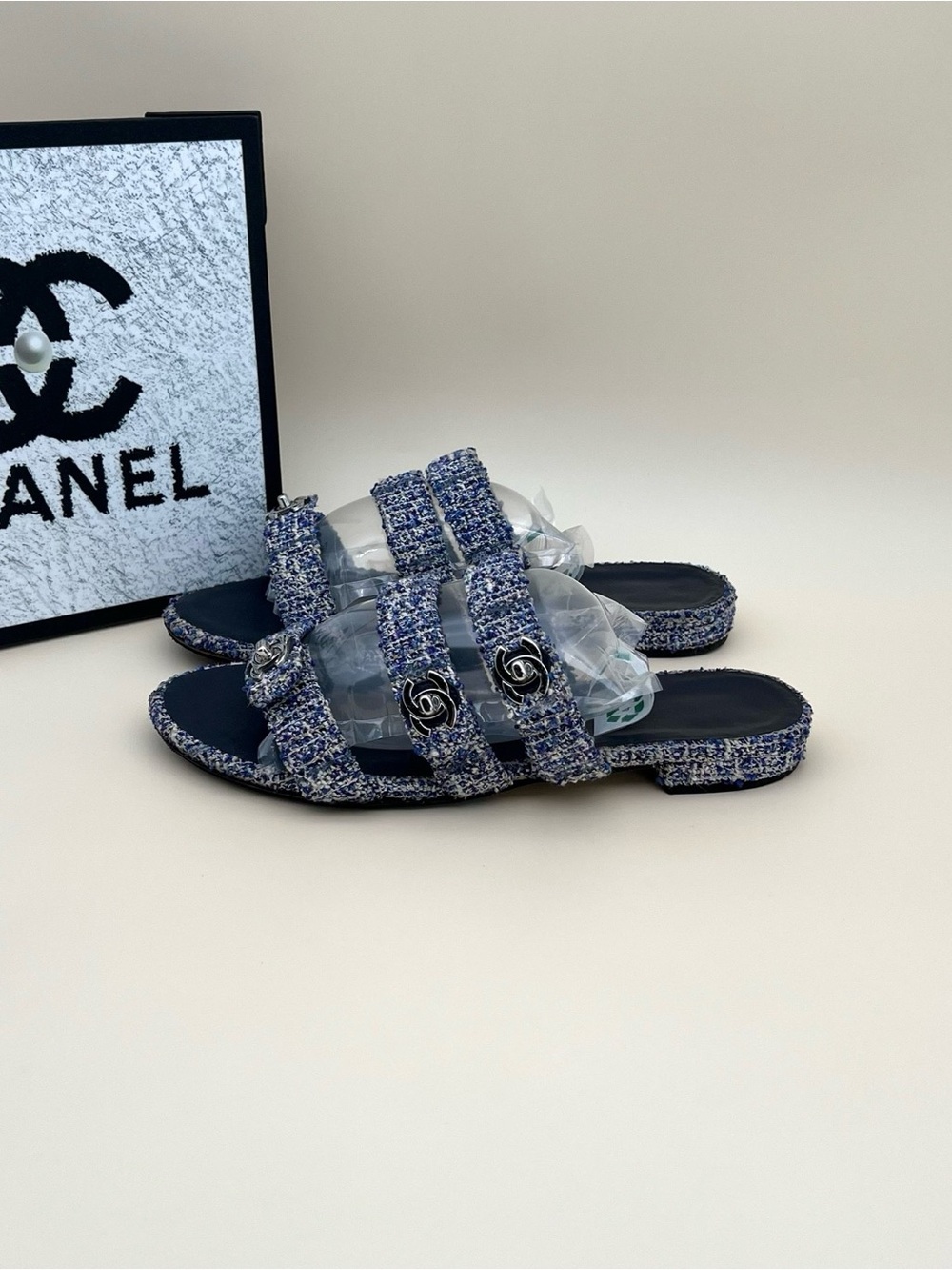 CHANEL Navy Tweed Triple-Strap Slide Sandals